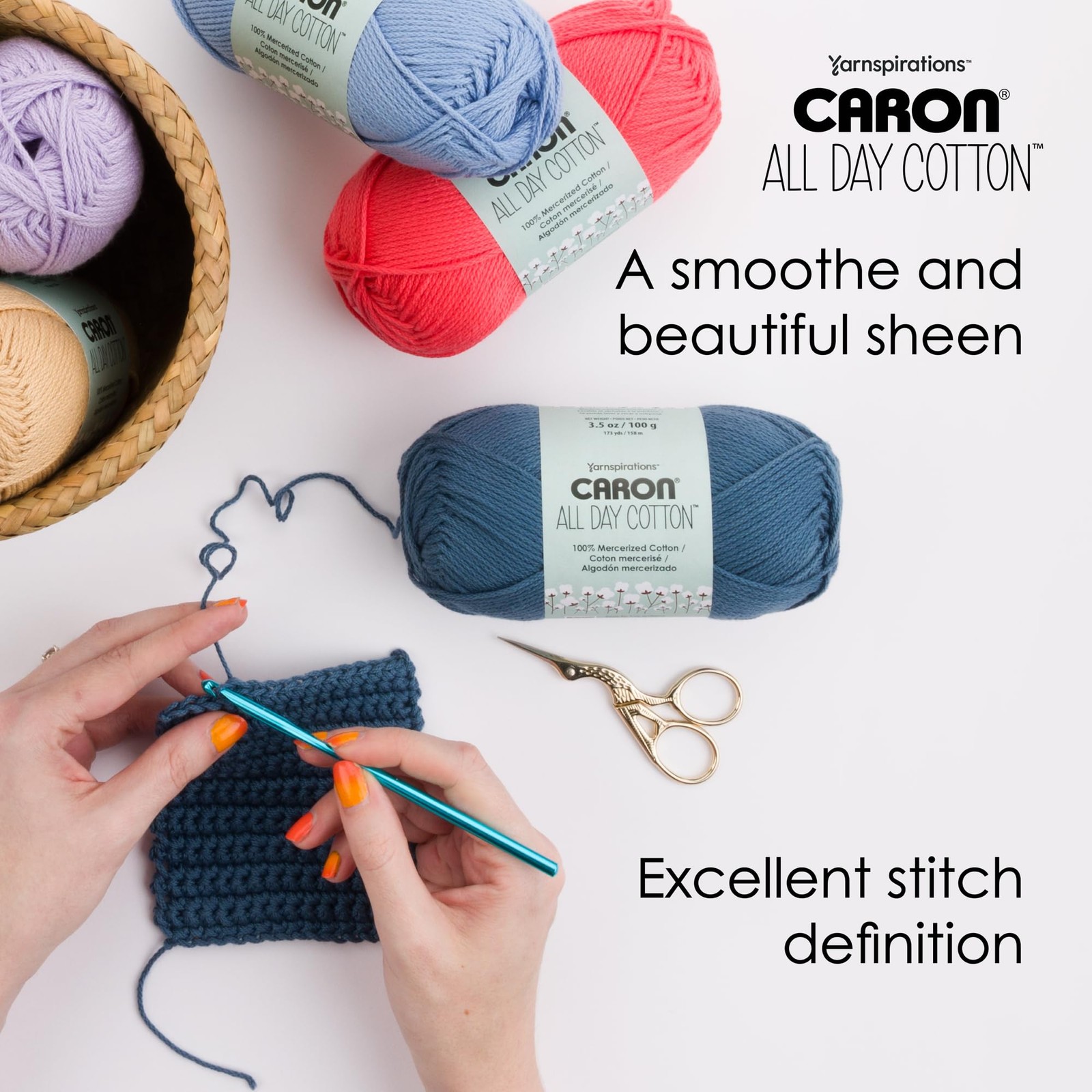 Caron All Day Cotton – 3 Pack of 173 Yards/3.52 oz Country Blue 100% Merceriz…
