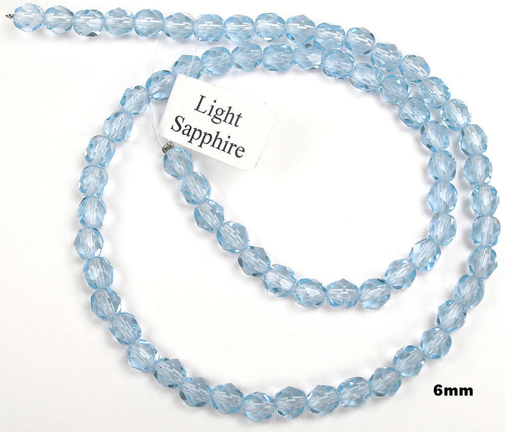 Czech Glass Fire Polished Round Faceted Beads in Light Sapphire 16” strand, blue