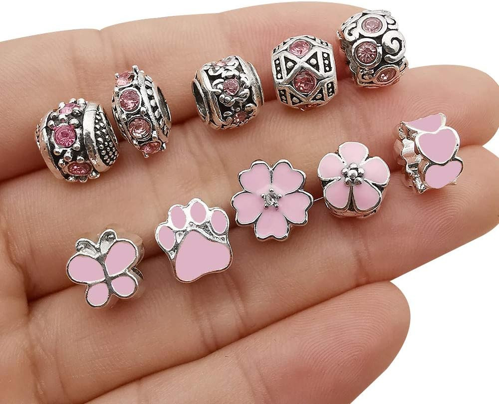 50Pcs Assorted Pink Resin Imitation Glass European Large Hole Beads Rhinestone M
