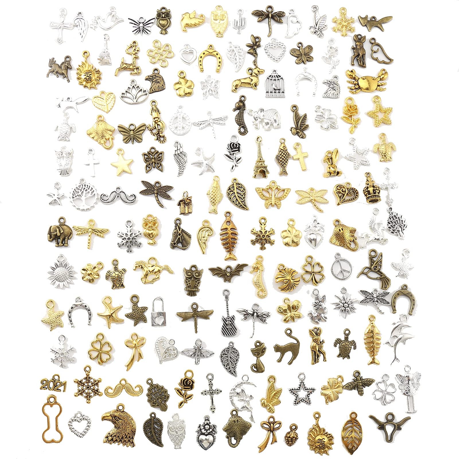 150Pcs Assorted Alloy Charms Pendants for Jewelry Craft, Silver Gold DIY Sets