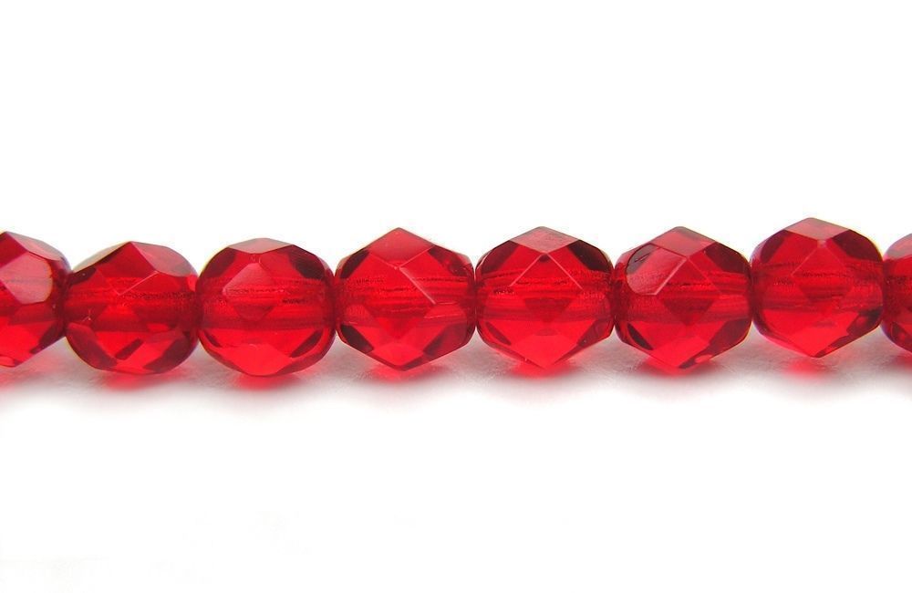 Czech Fire Polished Round Faceted Glass Beads in Light Siam color red