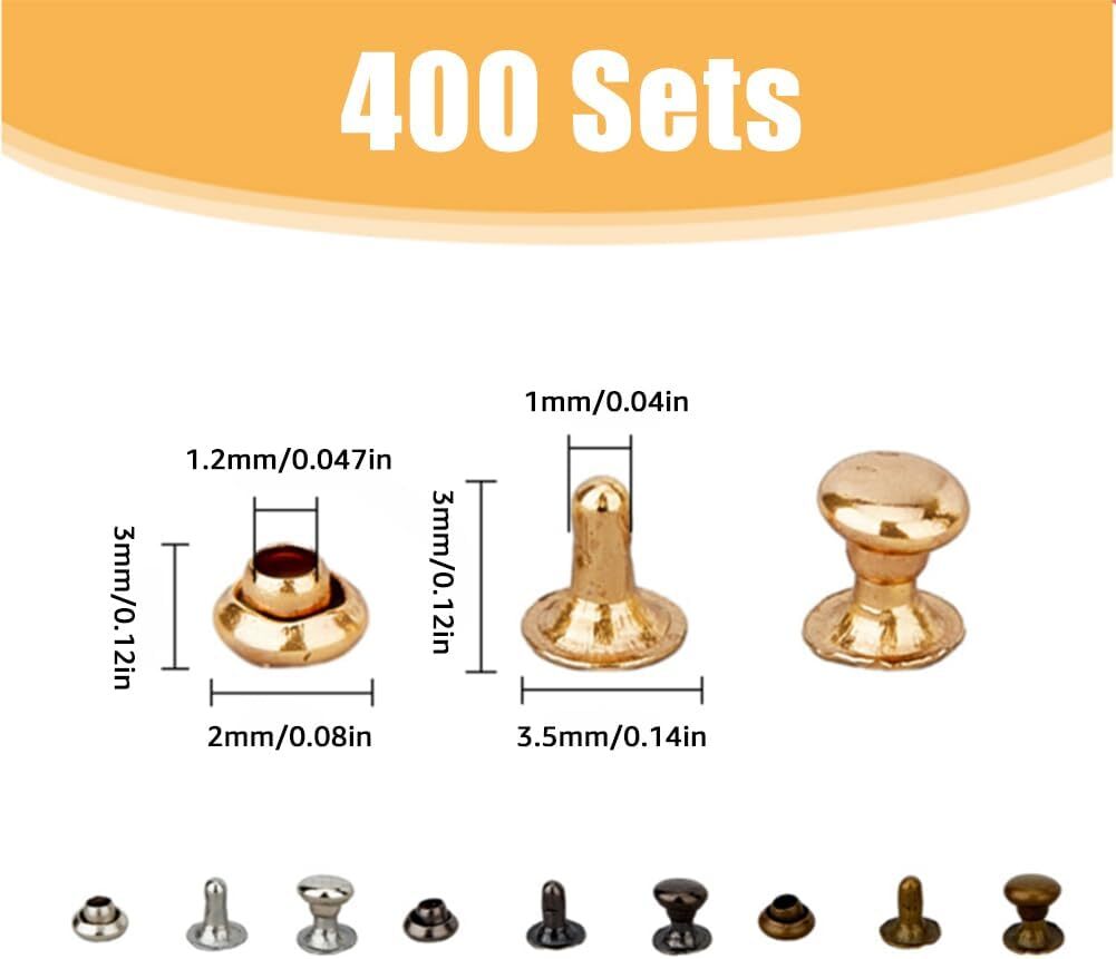 400 Pairs 4 Colors Leather Rivets 3mm Double Cap Rivets Tubular Metal Studs B…