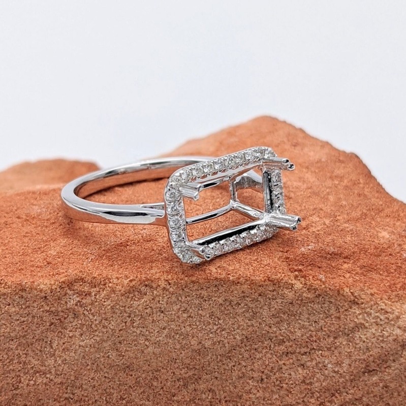Solid 925 Silver 8x6mm Emerald Cut Ring Blank Pave CZ Halo Semi Mount Setting