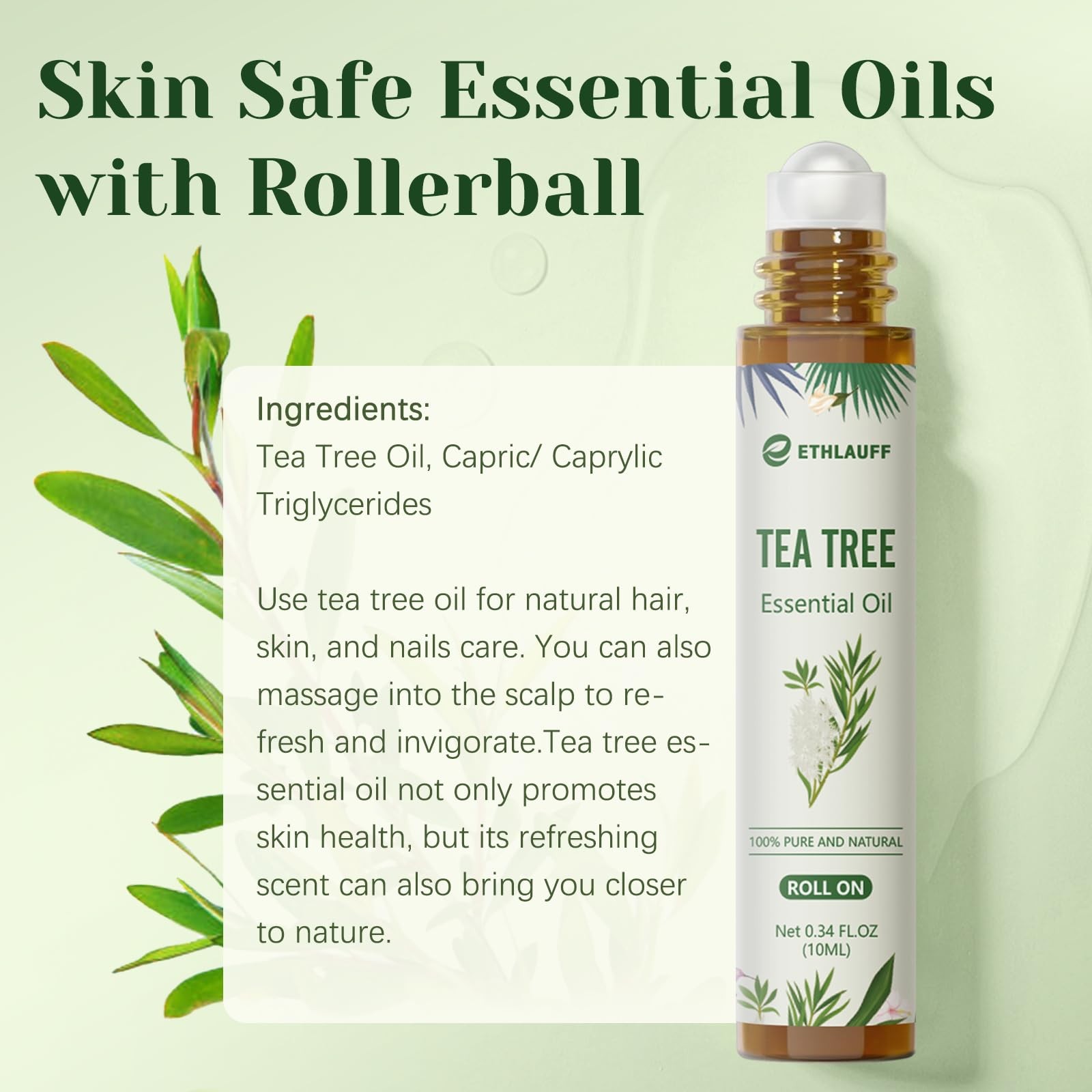 Tea Tree Oil Roll On – 100% Pure 0.33 Fl Oz (Pack of 1), Clear to Pale Yellow