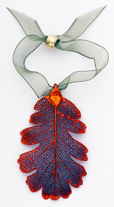 Oak Leaf Ornament – Copper Dipped, Real Leaves, 2.5 Inch, Sliding Ribbon Tie