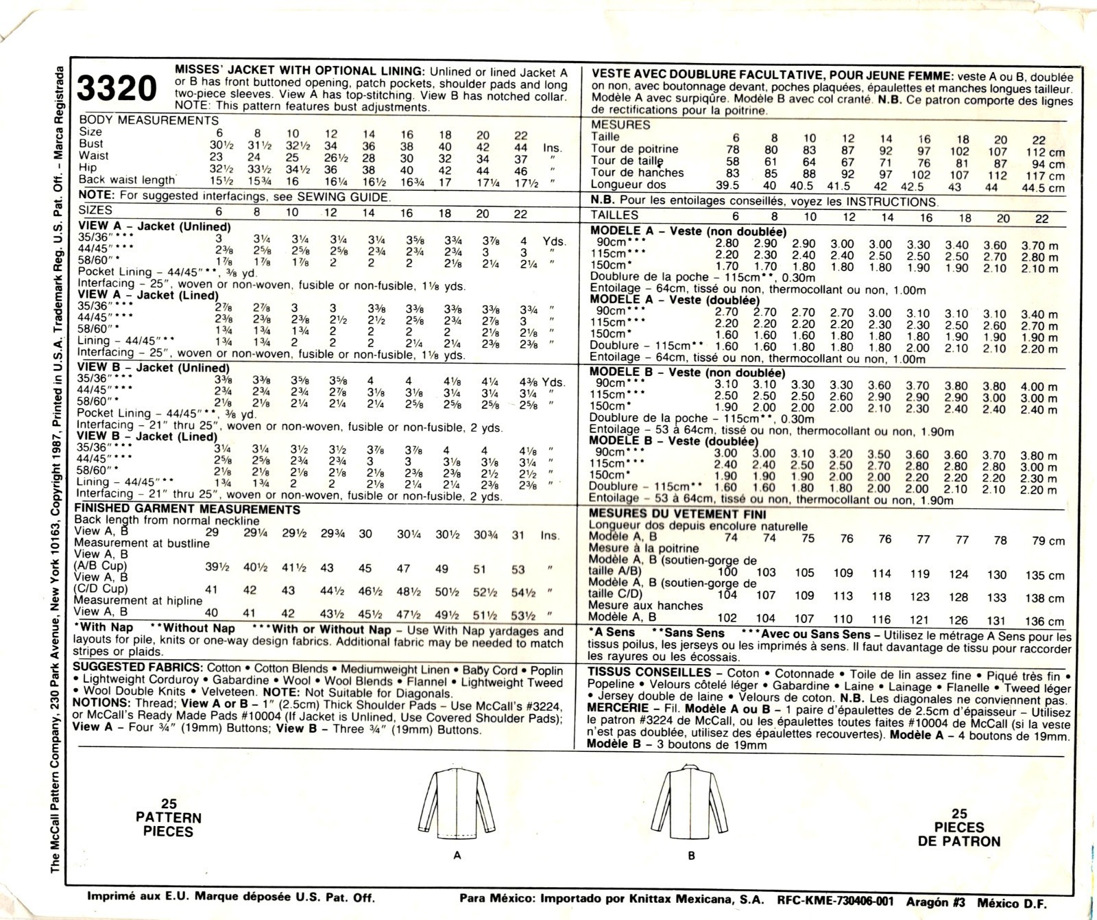 McCall’s 3320 Vintage 1987 Jacket Misses Sewing Pattern Uncut Size 14