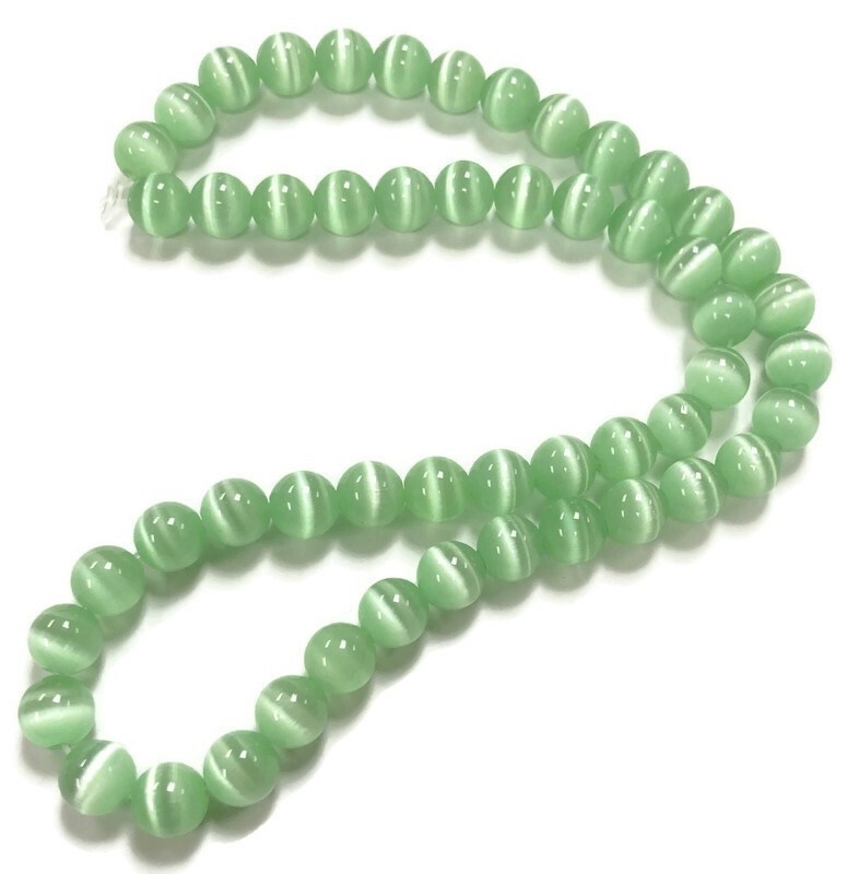 50 Cat’s Eye Fiber Optic Glass Erinite Green 8mm. Smooth Round Beads 2585