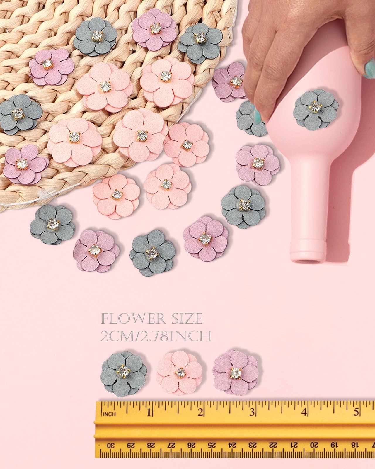 60 Pack Assorted Colors Faux Leather Flower Appliques Rhinestones Craft