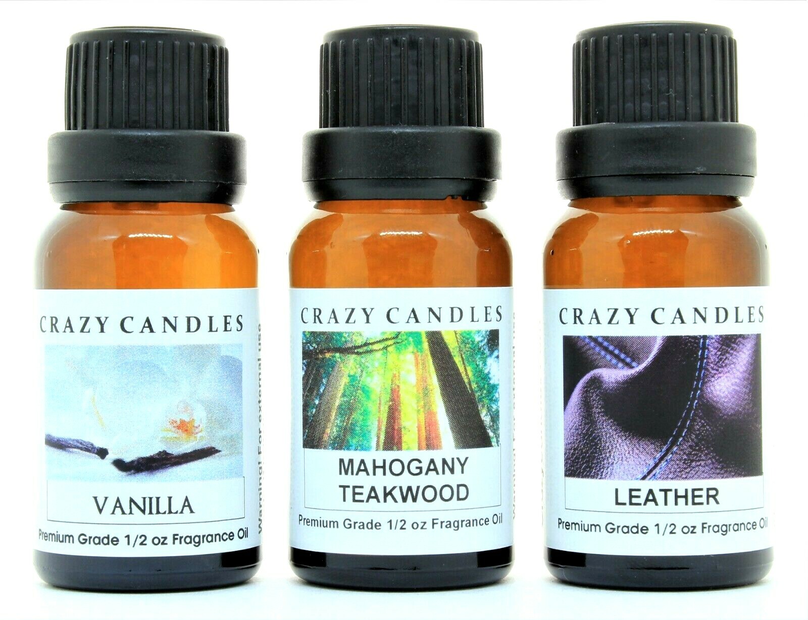 3 Oil Bottles Leather, Vanilla, Mahogany Teakwood Premium 1/2oz Crazy Candles