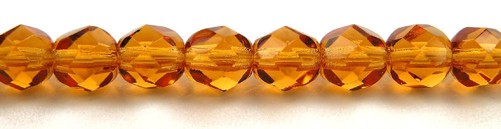 Czech Fire Polished Round Faceted Glass Beads in Topaz color, 16” golden brown