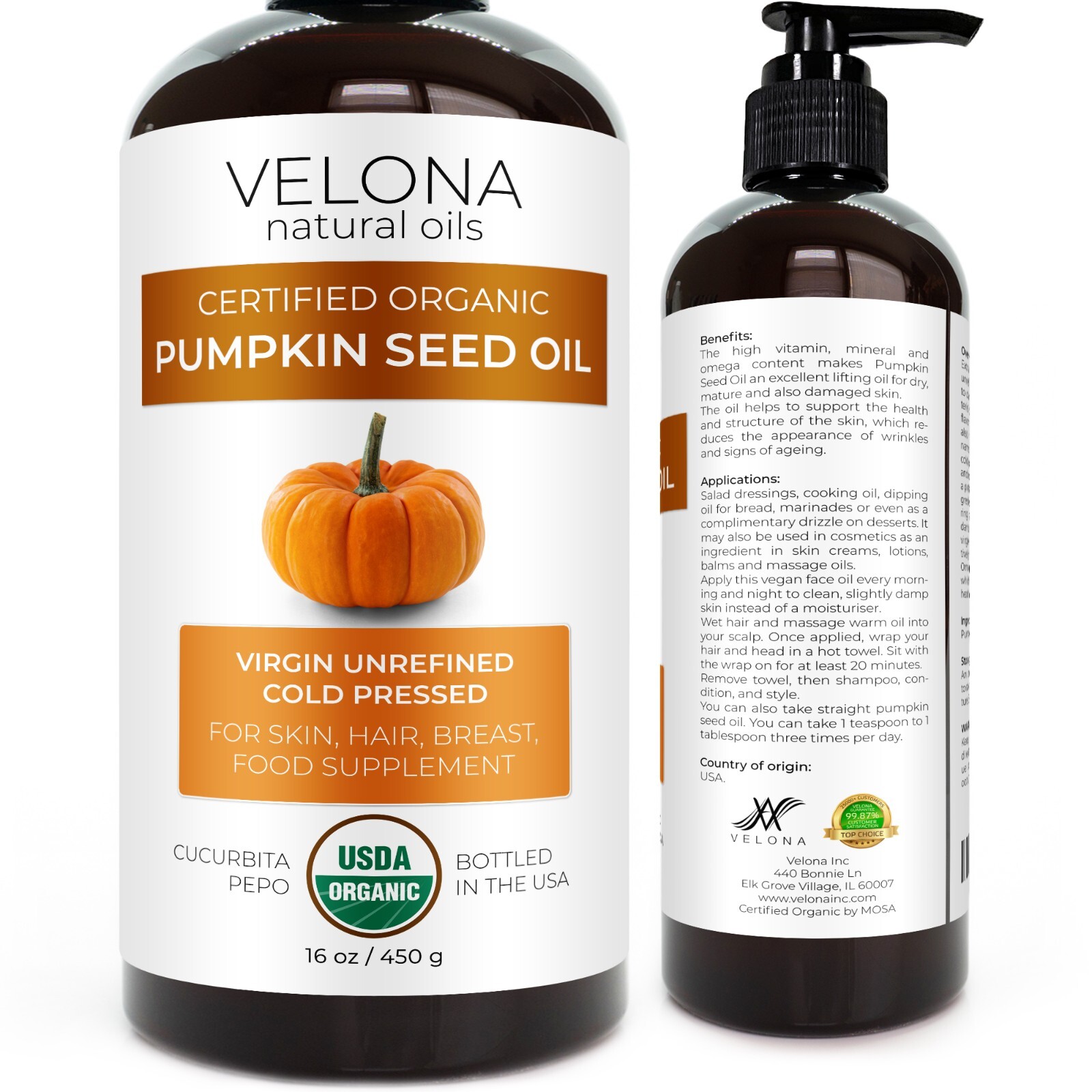 Velona Pumpkin Seed Oil USDA Certified Organic – 16 oz Unrefined Cold Pressed