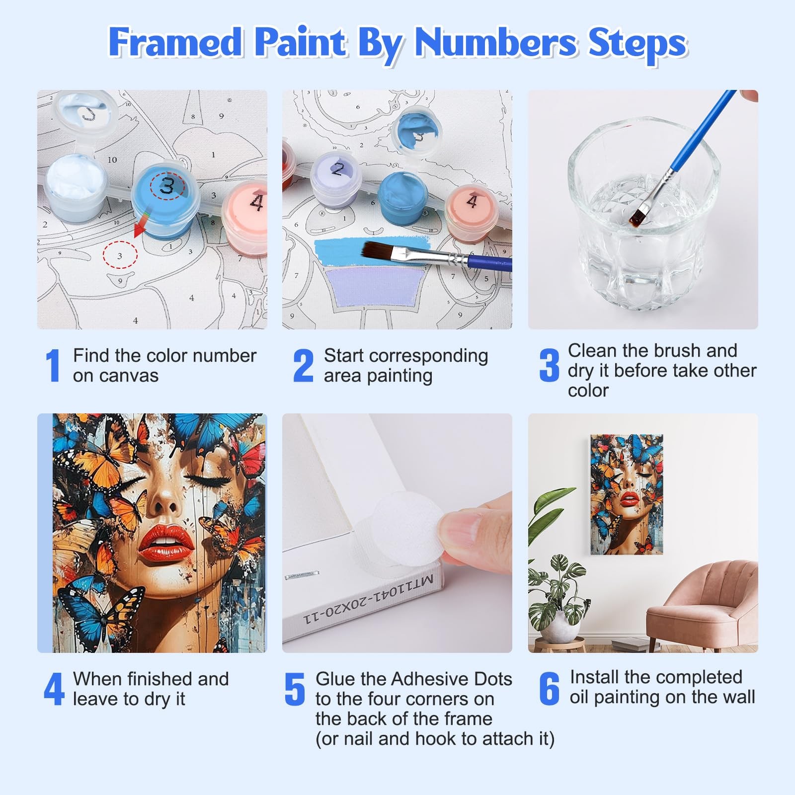 Butterfly Women DIY Paint by Number Kit, Framed Canvas Art for All Ages 20x30cm