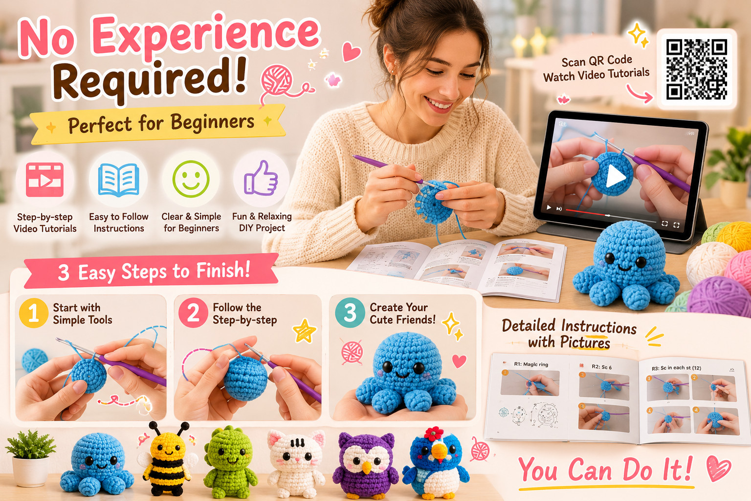 6PCS Crochet Kit for Beginners Animal Amigurumi DIY Craft Set w/ Videos