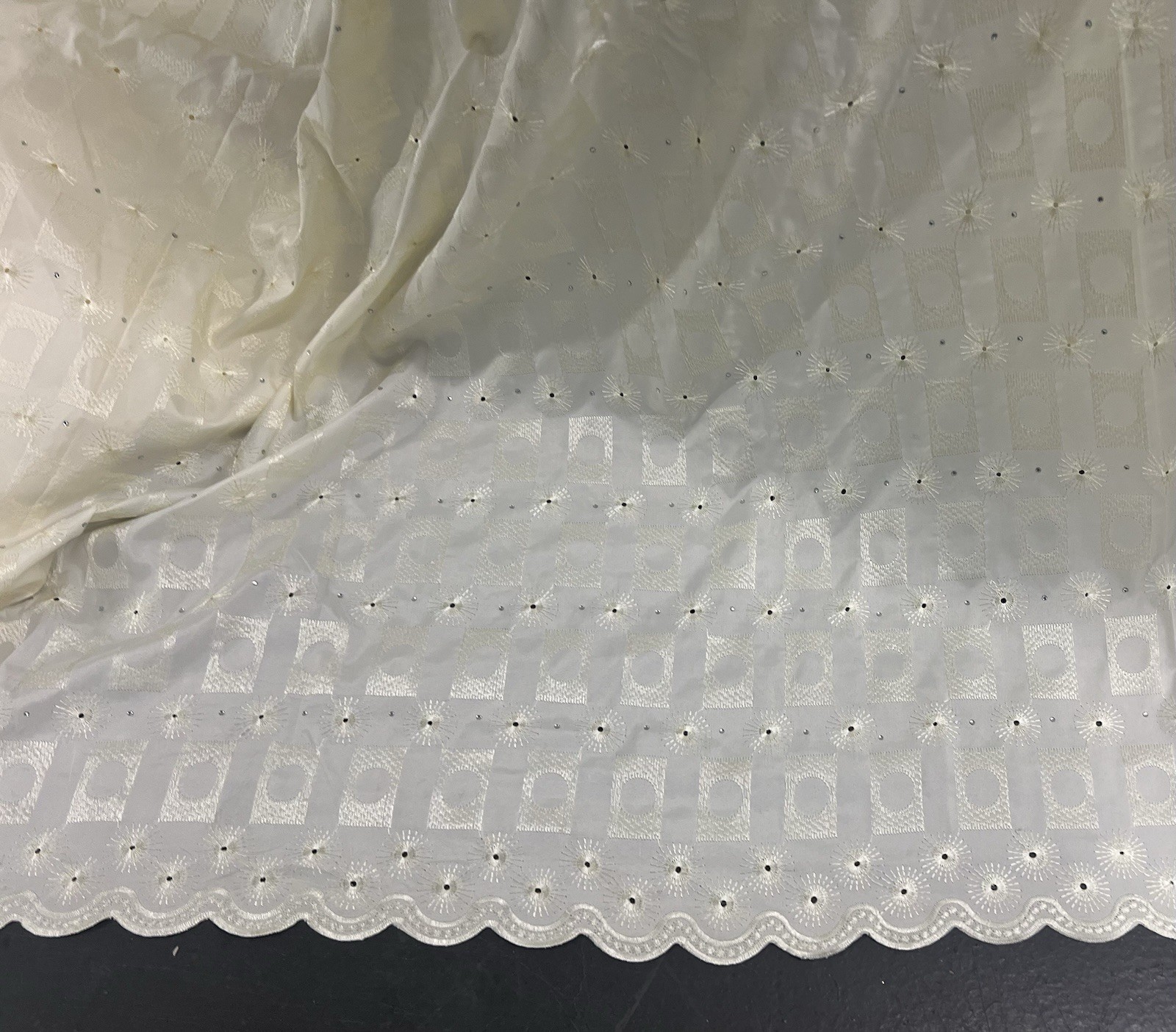 5 Yard Ivory Cotton Embroidery Rhinestones fabric 50” Width