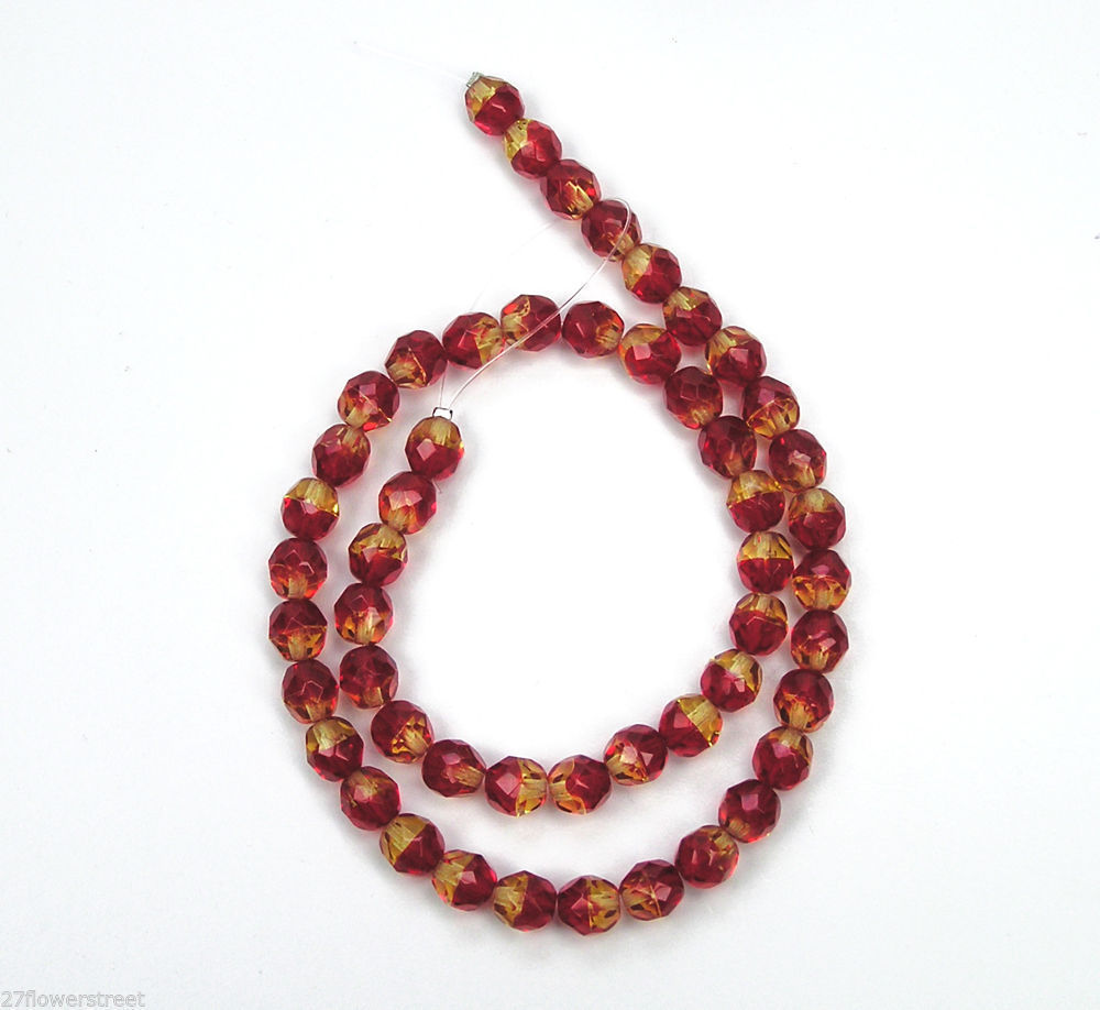 Czech Fire Polished Round Faceted Beads in Fire Opal 2-tone color, 16”, 4-6-8mm