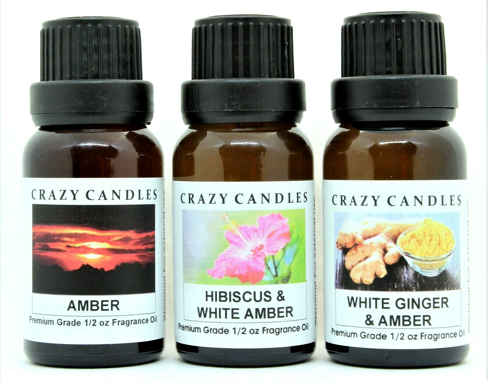 3 Oil Amber, Hibiscus White Amber, White Ginger Amber 1/2oz Premium Crazy Candle