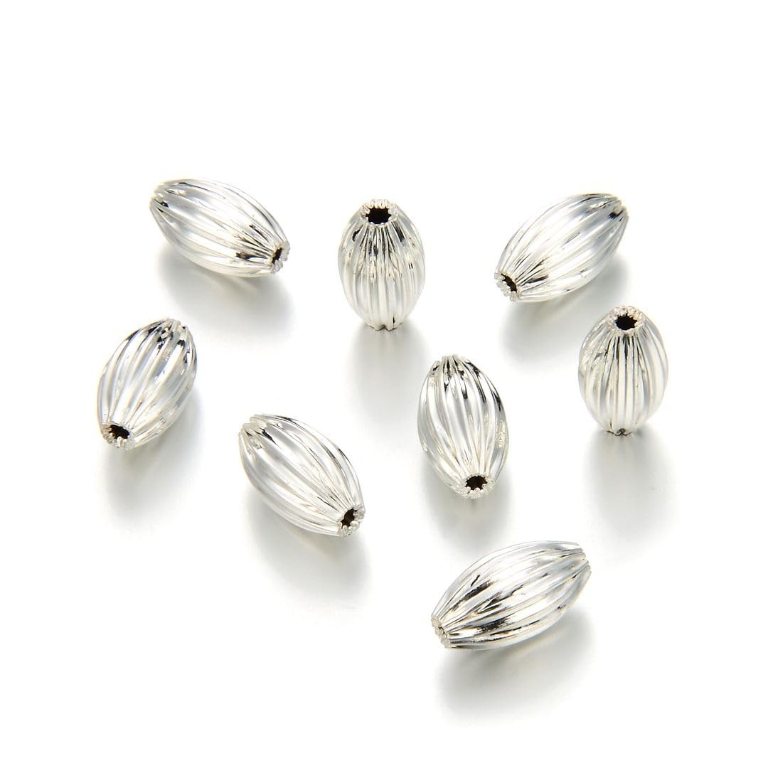 200pcs Beautiful Corrugated Oval Melon Loose Beads 7mm X 4mm Rice Spacer Silver