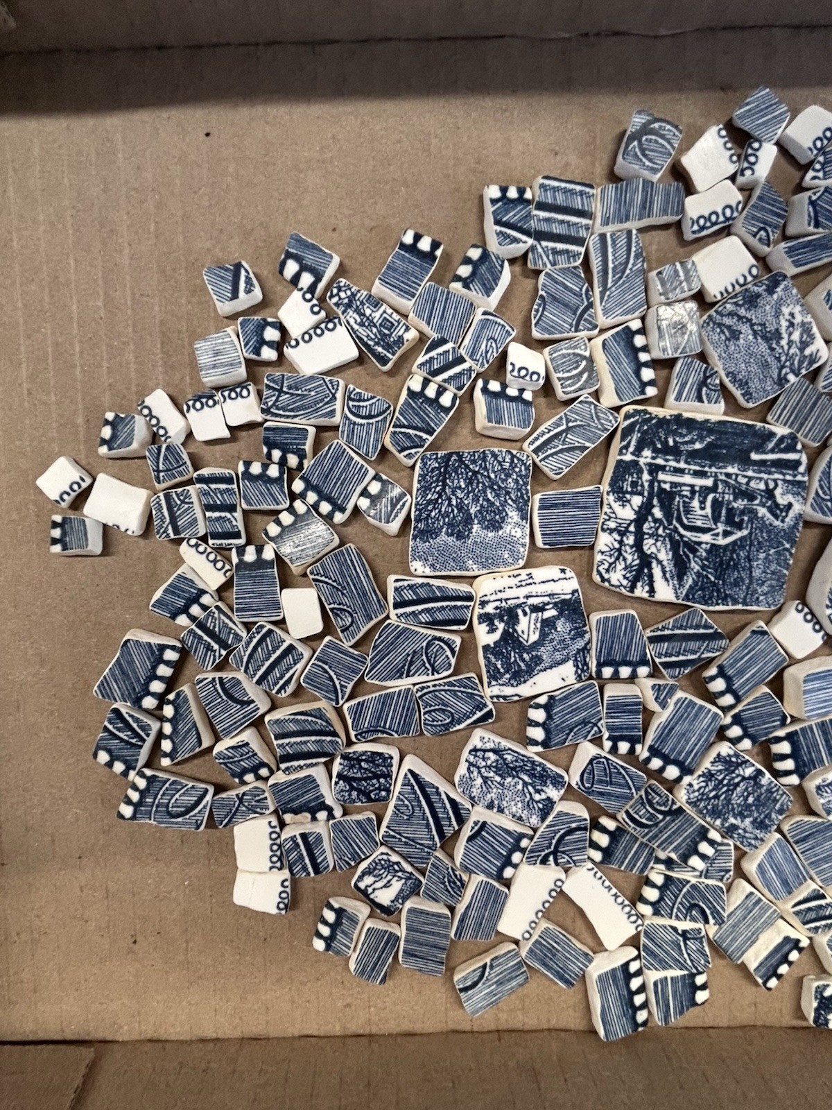 Broken China Hand Cut Plate TUMBLED Mosaic BLUE Currier & Ives