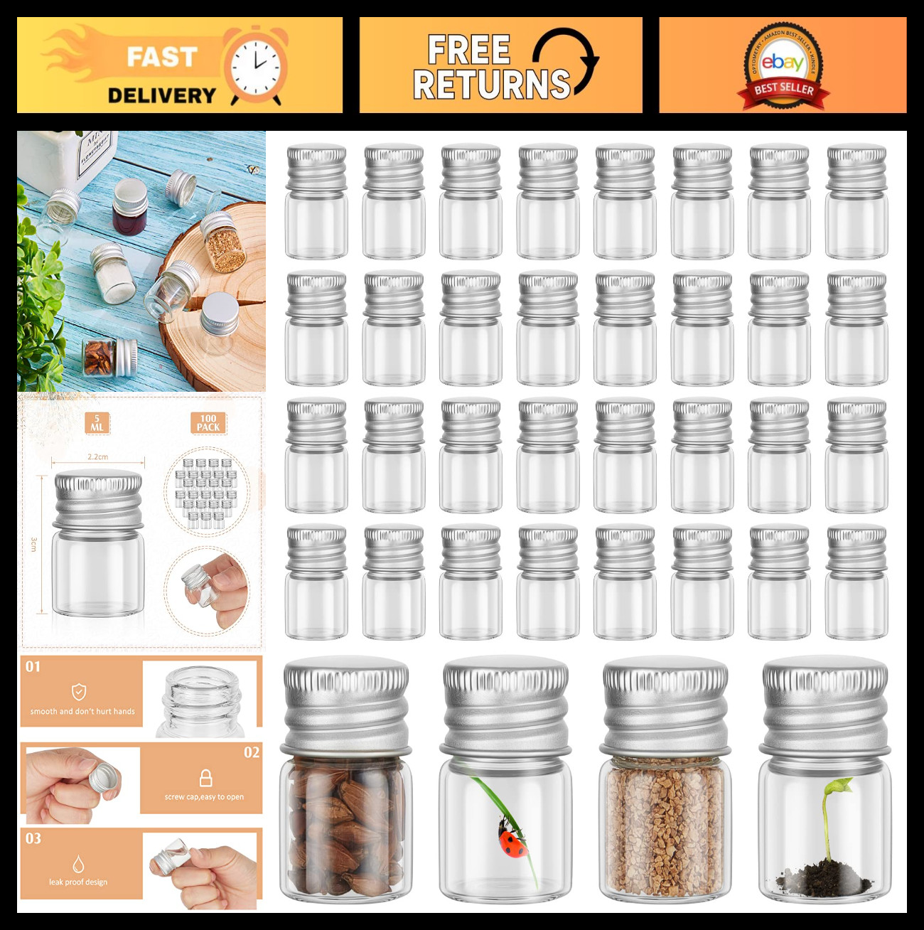 100 Pcs 5ml Mini Glass Bottles with Aluminum Caps – Tiny Jars for DIY Craft Stor