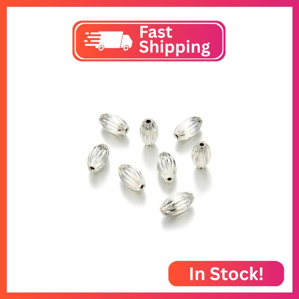 100pcs Sparkle Sterling Silver Plated Corrugated Oval Melon Beads 12x8mm