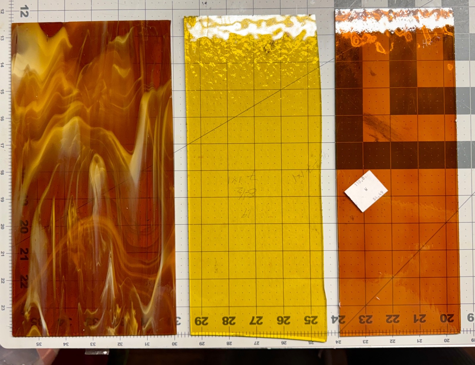 Stained Glass~Transparent Dk Amber Streaky~Med Amber Textured~Dk Amber Cathedral