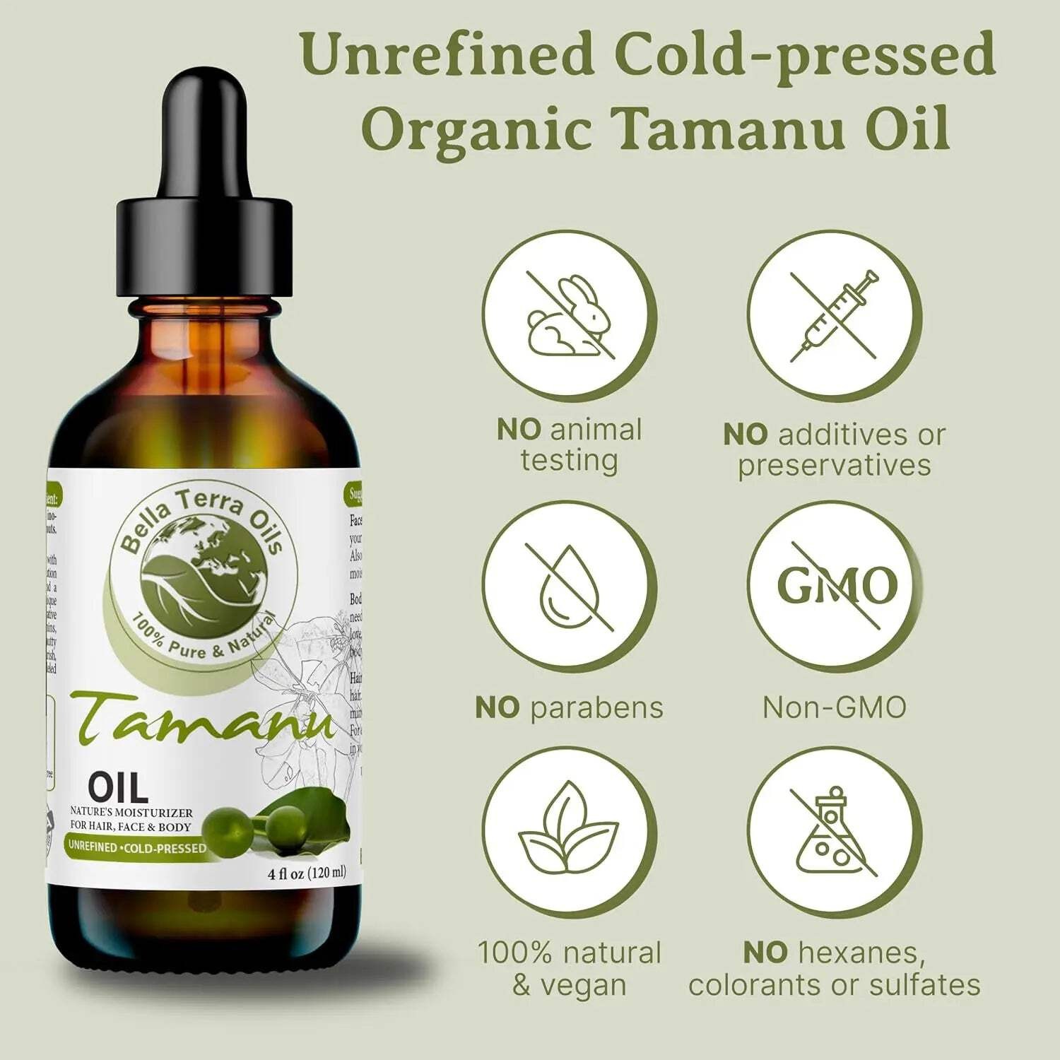 Organic Cold-Pressed Tamanu Oil 100% Pure Skin Hair Nails Healing
