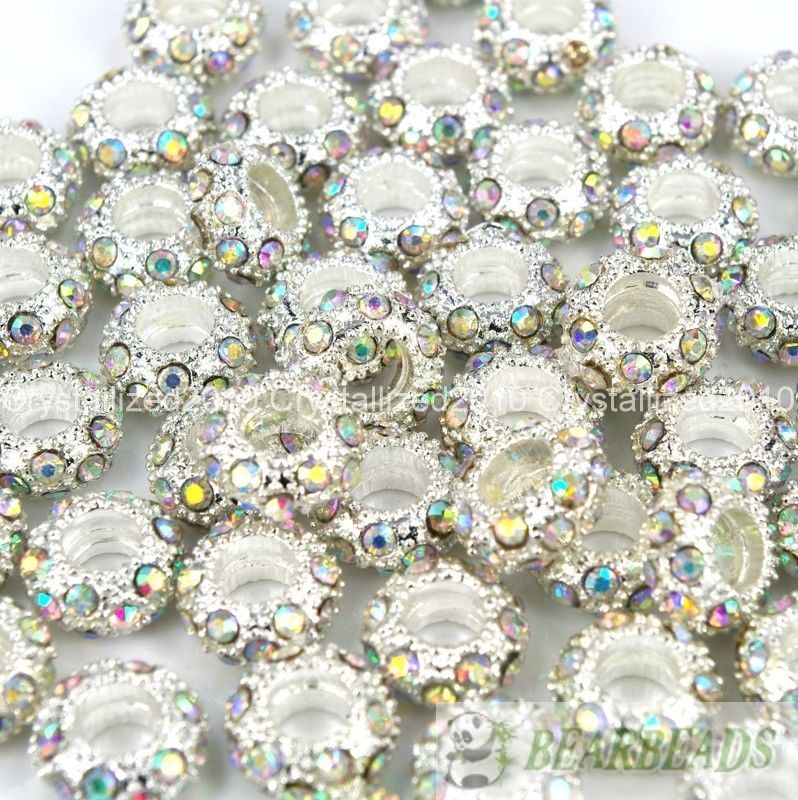 50Pcs Big Hole Crystal Rhinestone Pave Rondelle Spacer Beads Fit European Charm