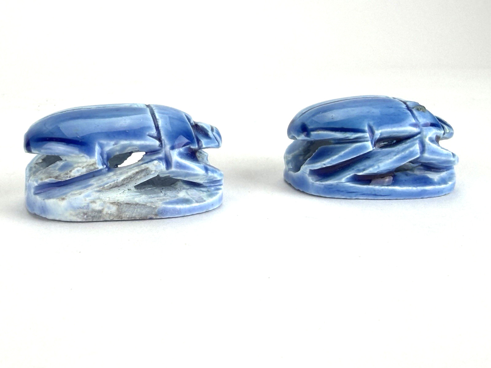 (Lot of 2) Vintage Egyptian Carved Scarab Amulet Beads 2 in Glazed Ceramic Blue