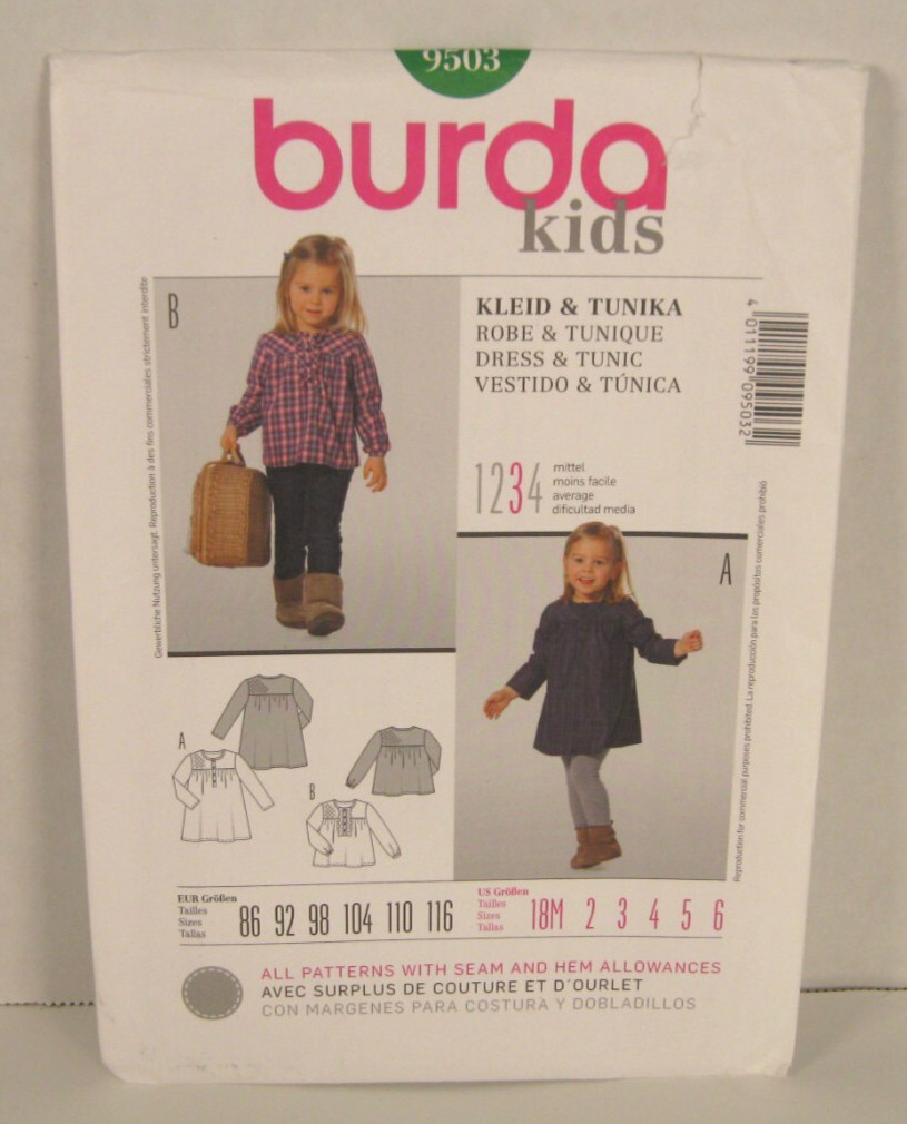 Burda Kids 9503 Pullover Dress & Tunic Girls’ 18 Months – 6 Pattern Uncut