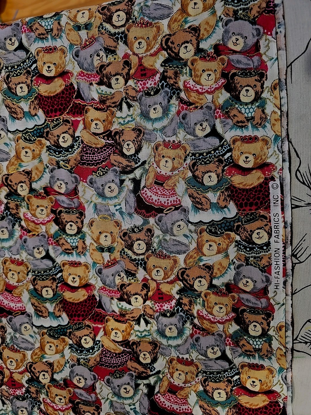 Hi-Fashion Fabrics Regal Mix Of Bears With Gold Accents. OOP 9 Continuous Yards