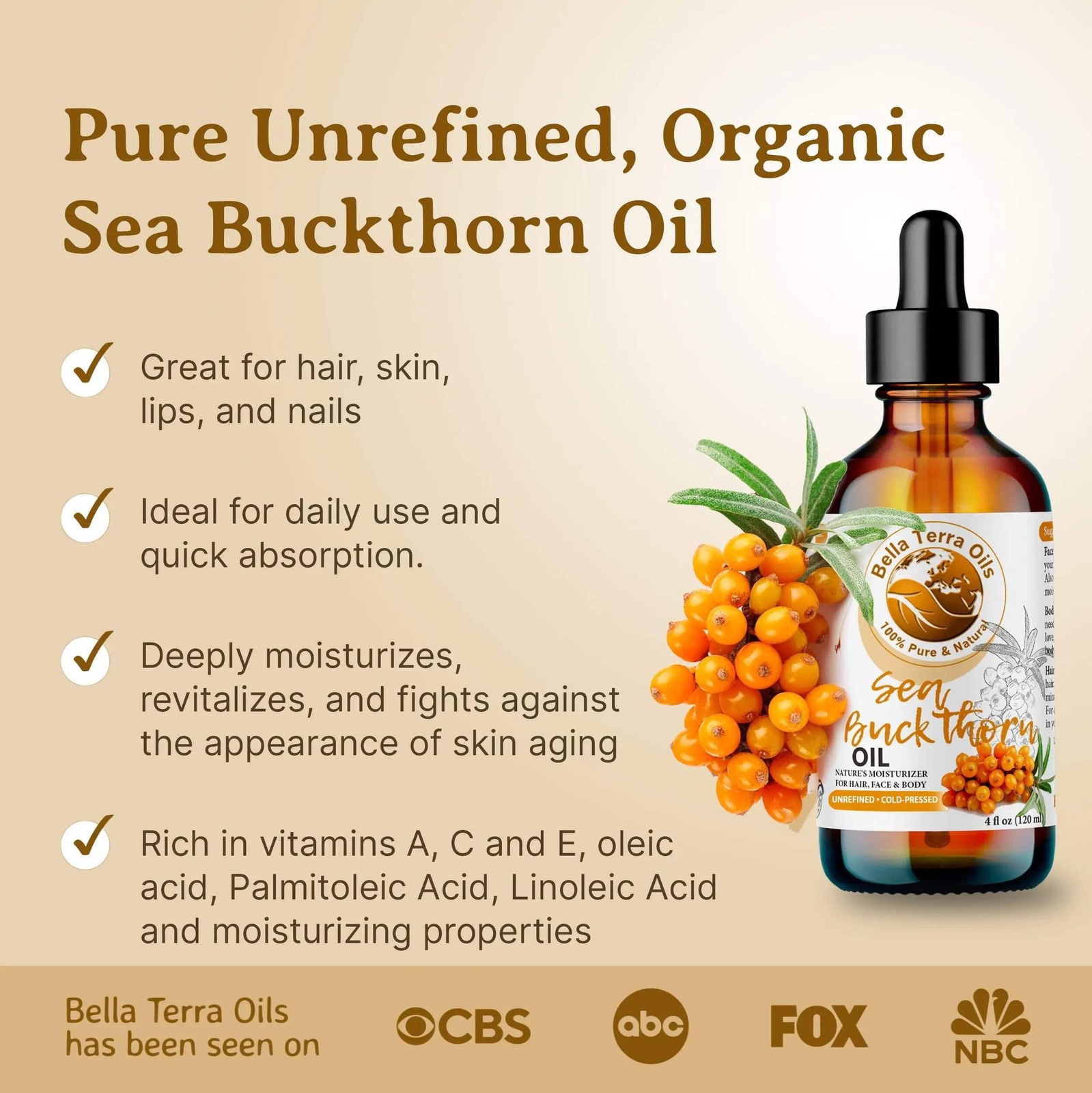 Sea Buckthorn Oil: Cold-Pressed, Nutrient-Rich, Ideal for Holistic Skin Care