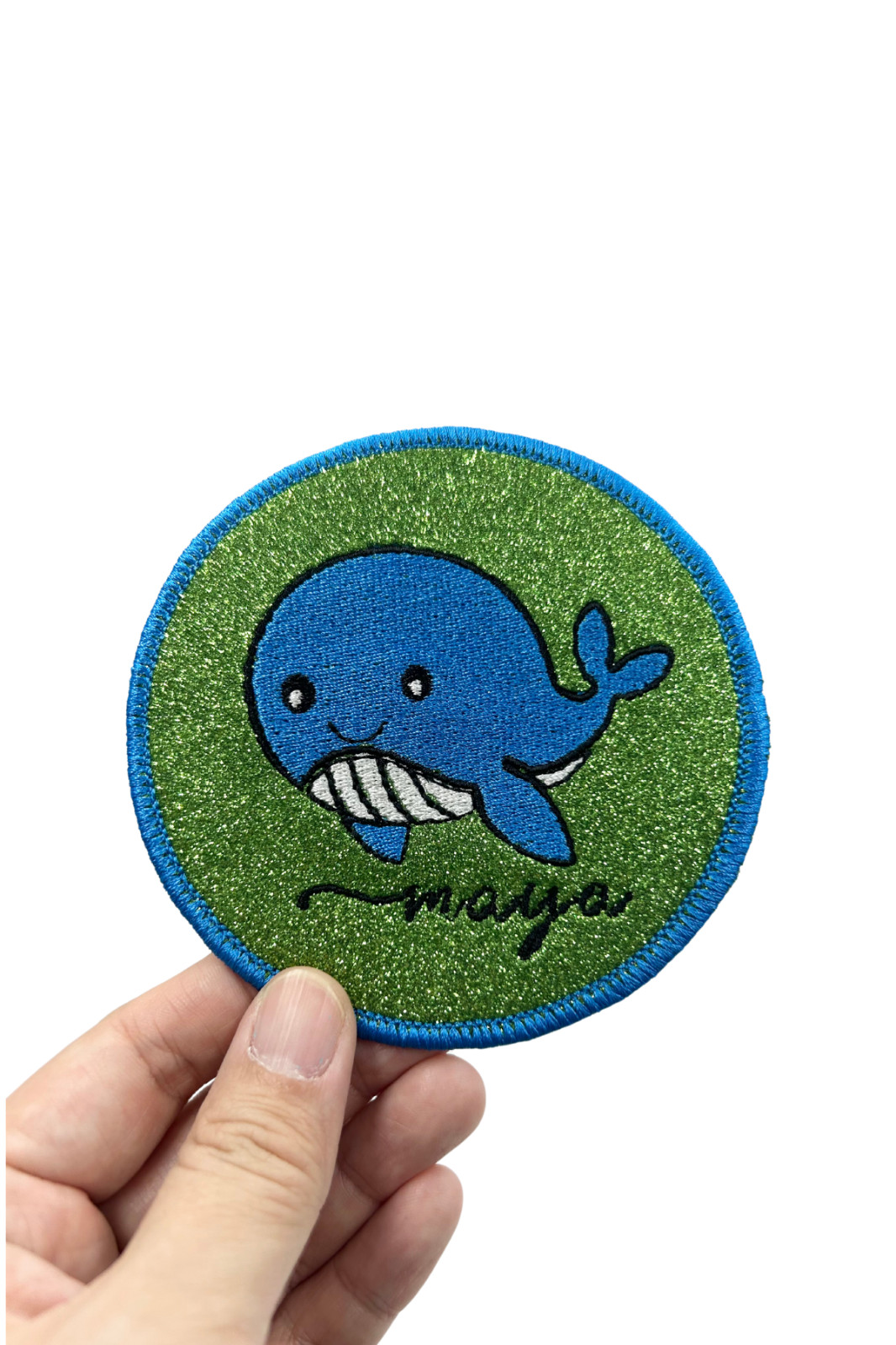 Custom Glittered and Felted Iron-on Baby Whale Name Tag Patch
