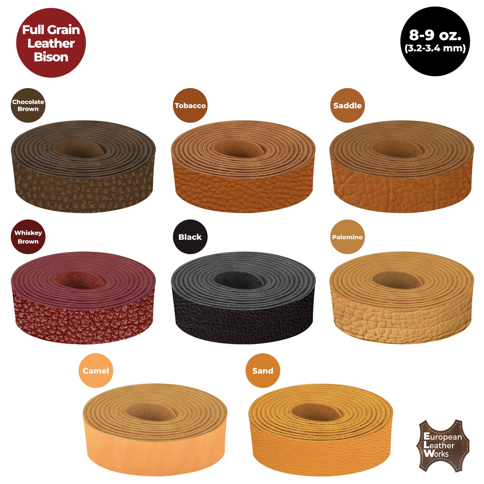 ELW Full Grain Leather Bison Strap 8-9oz (3.2-3.4mm) Thickness 50″ to 84″ Length