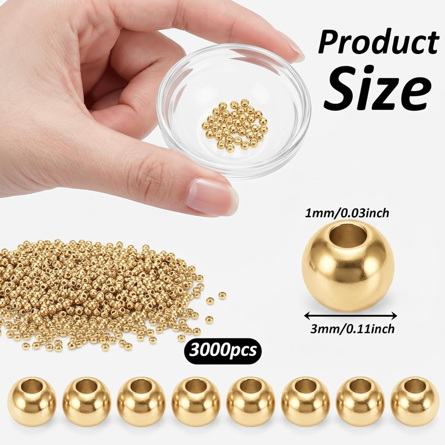 3000 Pcs 3mm Beads, Spacer Beads for Jewelry Making, Smooth Round Bead with Hole