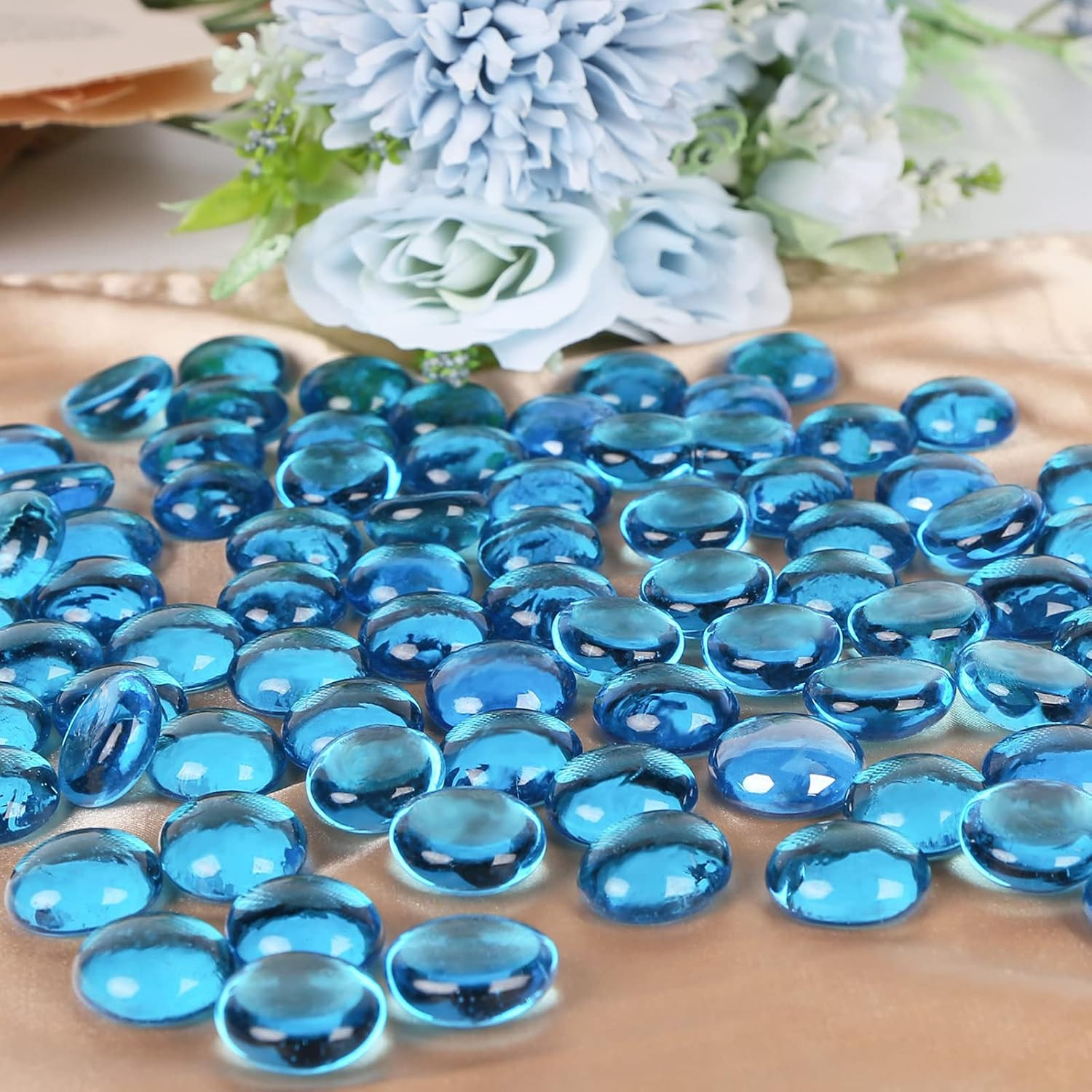 1LB Light Blue Flat Glass Marbles, Glass Pebbles Vase Fillers for Centerpieces,