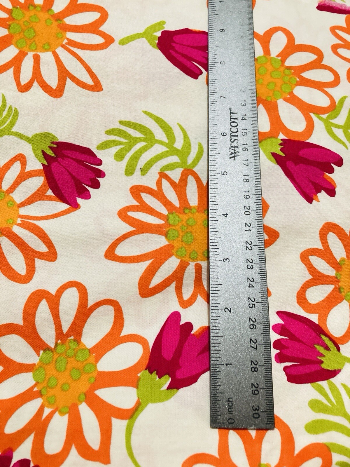 Large Modern Orange Pink Floral Green on White VTG Printmaker Intl 2.6Y x 54″W