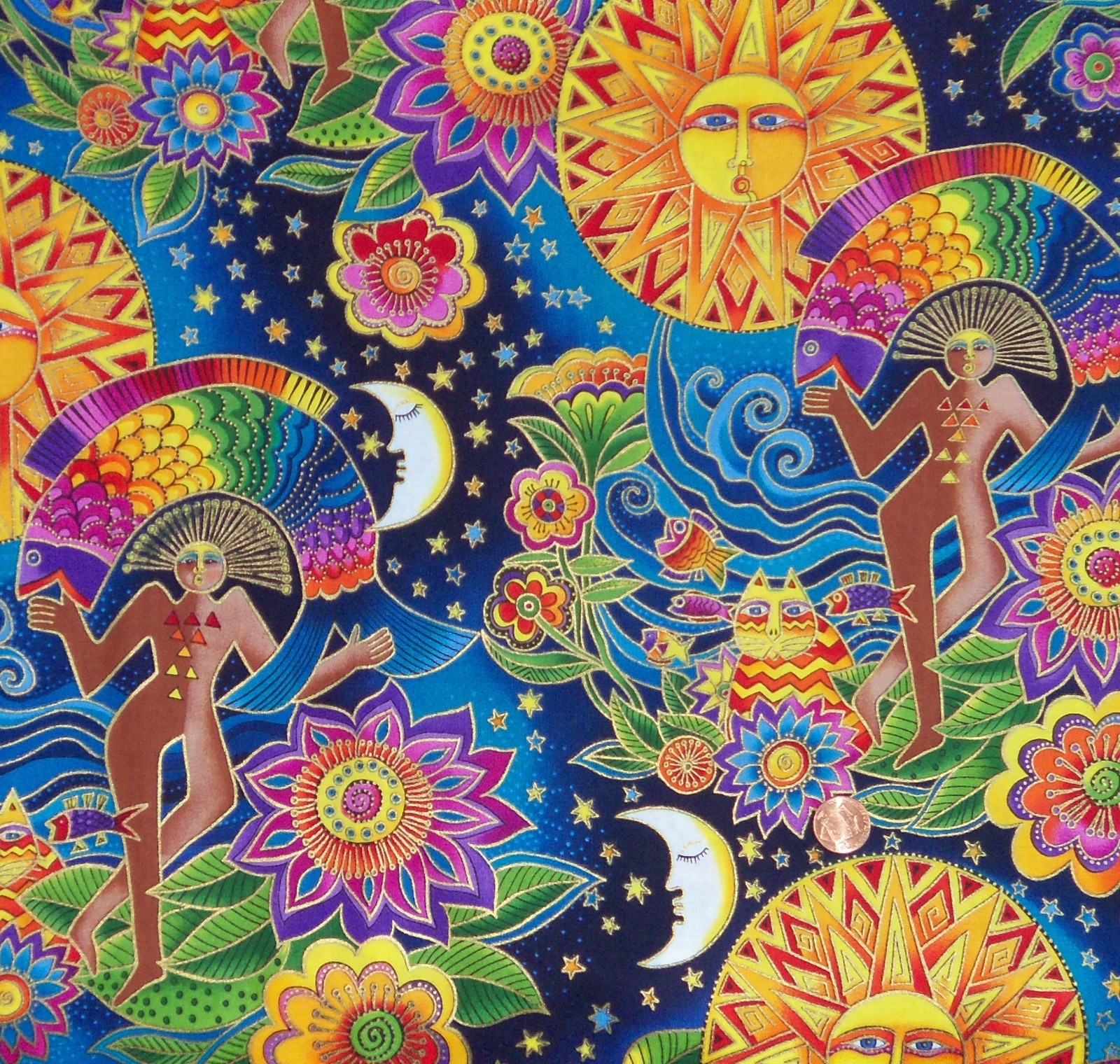 Pretty ~Celestial Dreams~ Laurel Burch Lt Blu Fabric Suns Moons less than 1/2 YD