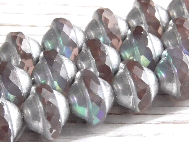 8 – 10x8mm CZECH MATTE PINK METALLIC SILVER AB FACETED SATURN SAUCER GLASS BEADS