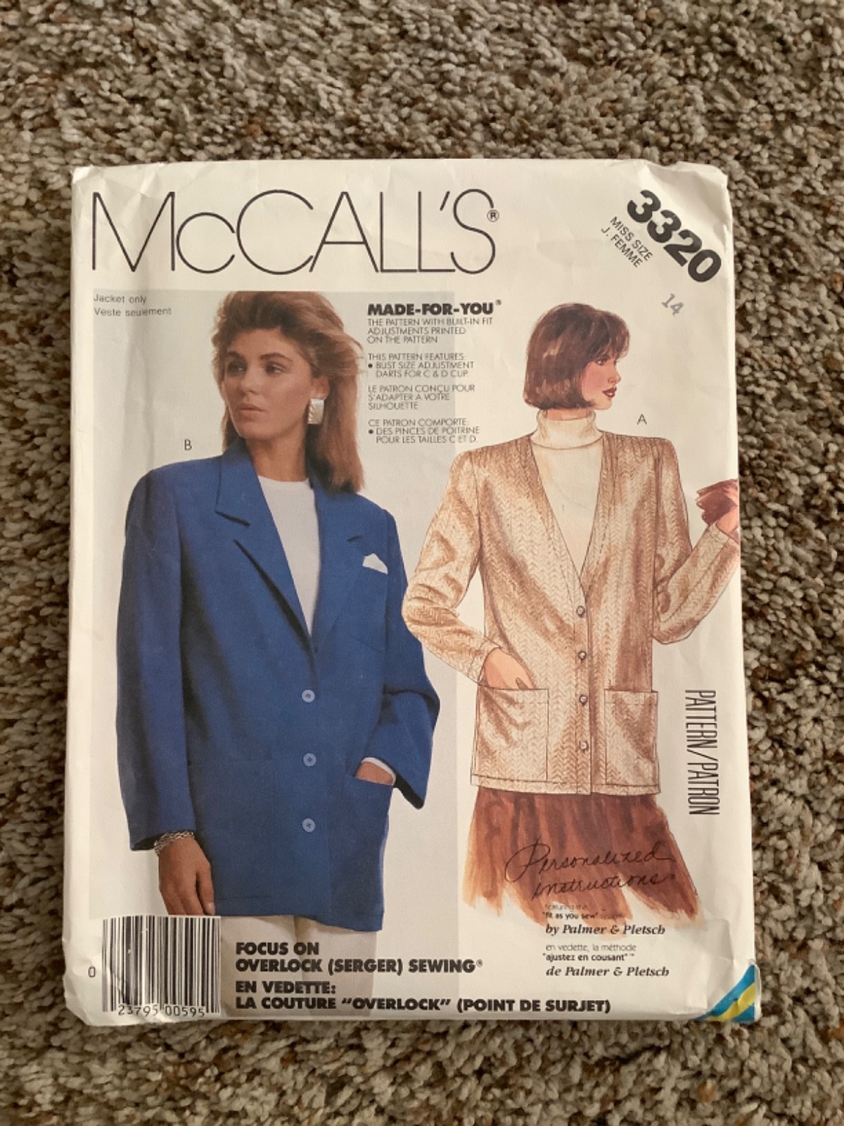 McCall’s SEWING PATTERN 3320 Misses JACKET BLAZER Size 14 UNCUT Palmer Pletsch