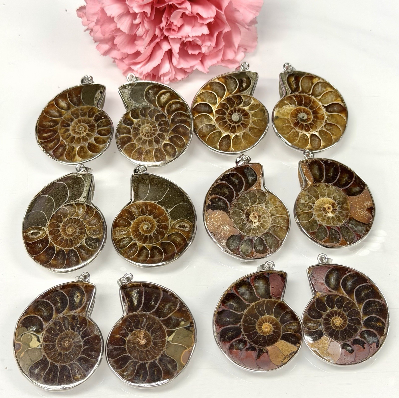 Wholesale Lot 12 Pcs Ammonite Pendant With Rhodium Findings Natural Crystal
