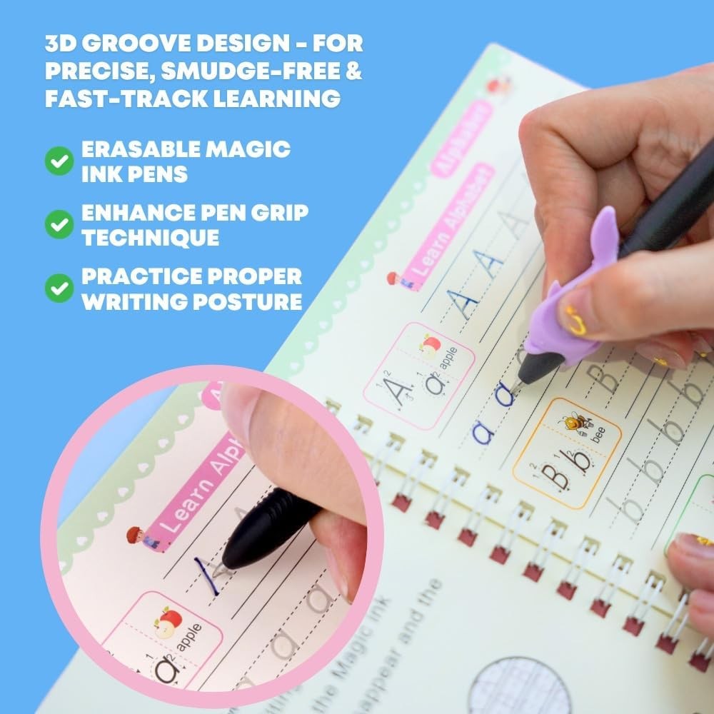 4 Magic Grooved Writing Practice for Kids Ages 3-8, Reusable Grooved Handwriting