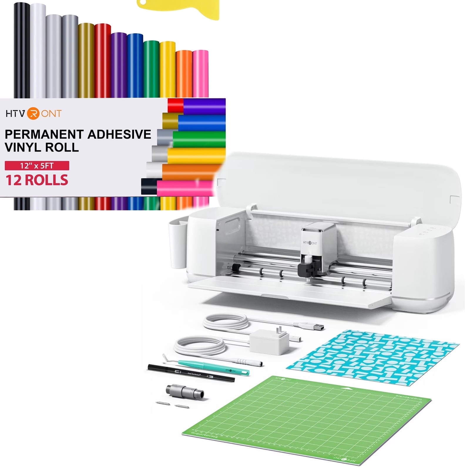 HTVRONT Smart Cutting Machine 2 with 12 Pack 12″ x 5FT Permanent Adhesive Vinyl