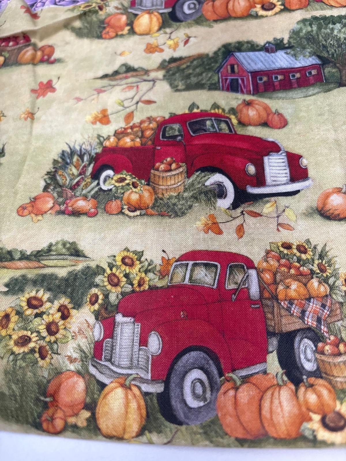 Farm-Themed 16×18″ Cotton Autumn Fabric Red Pickup Trucks Pumpkins Sunflowers