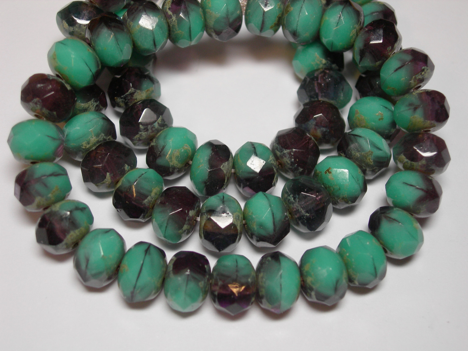 25 beads – 8x6mm Amethyst Purple / Turquoise Czech Fire polished Rondelle beads