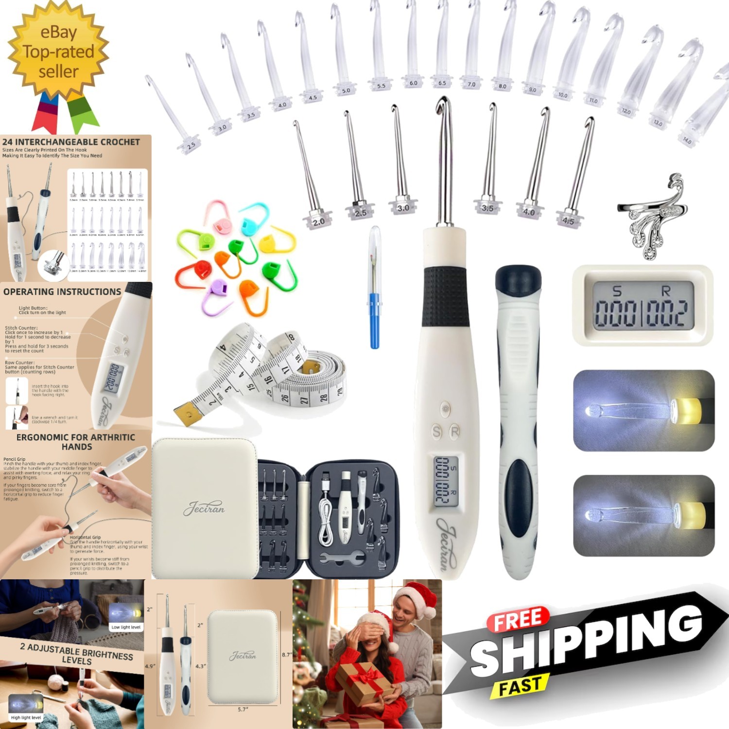 24 in 1 Light Up Crochet Hook Set,Lighted Crochet Hooks with Counter,Counting…