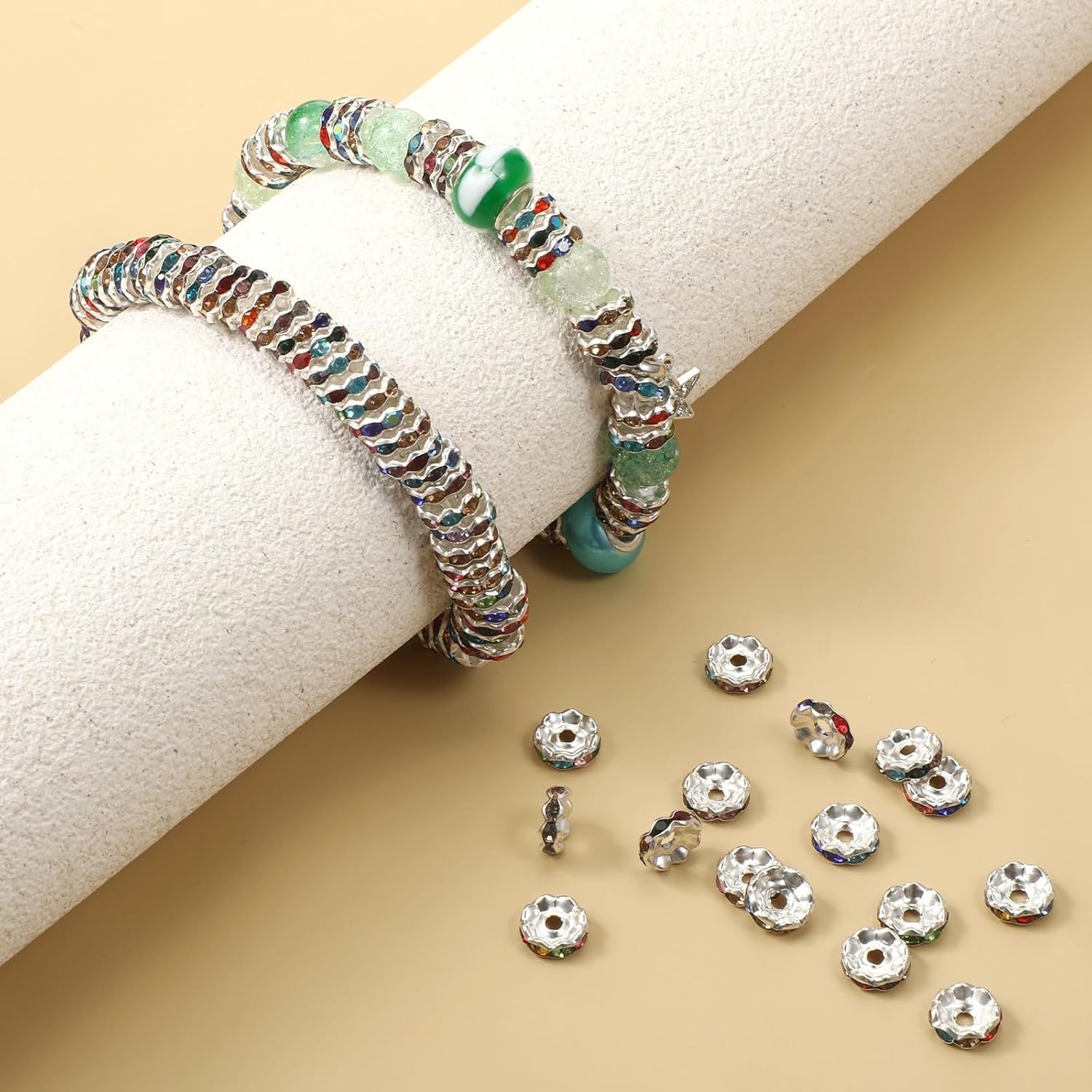 100 Pcs Rhinestone Spacer Beads, 10mm Large Hole Beads for Jewelry Making Multic