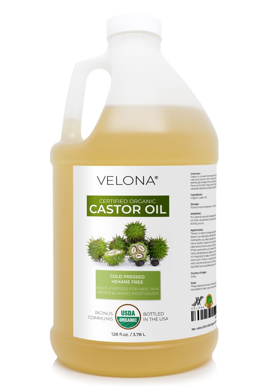 Velona USDA Certified Organic Castor Oil 2oz-7lb Eyelashes Eyebrows Cold Pressed