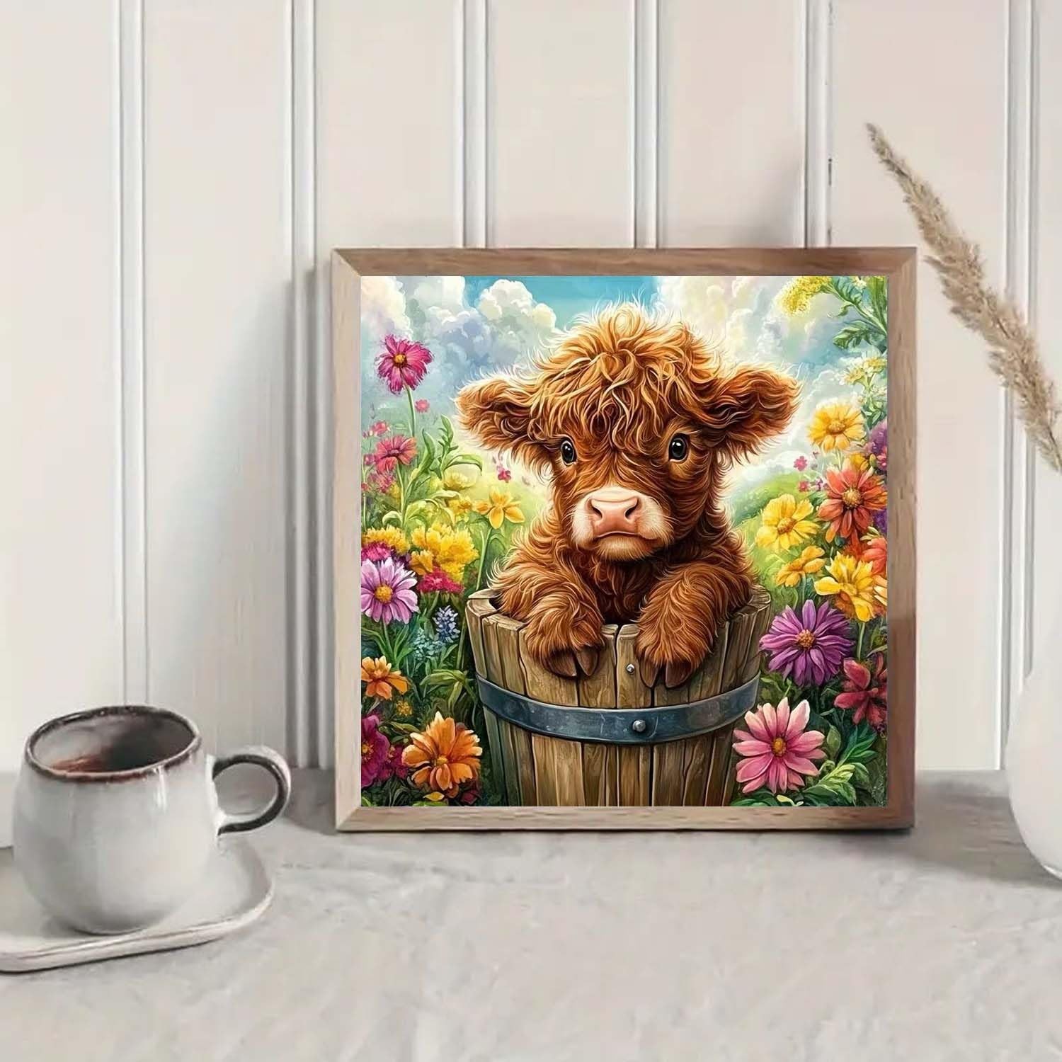 Highland Cow Diamond Art Kits for Adults, 5D Diamond Painting Kits Flower,DIY Fu