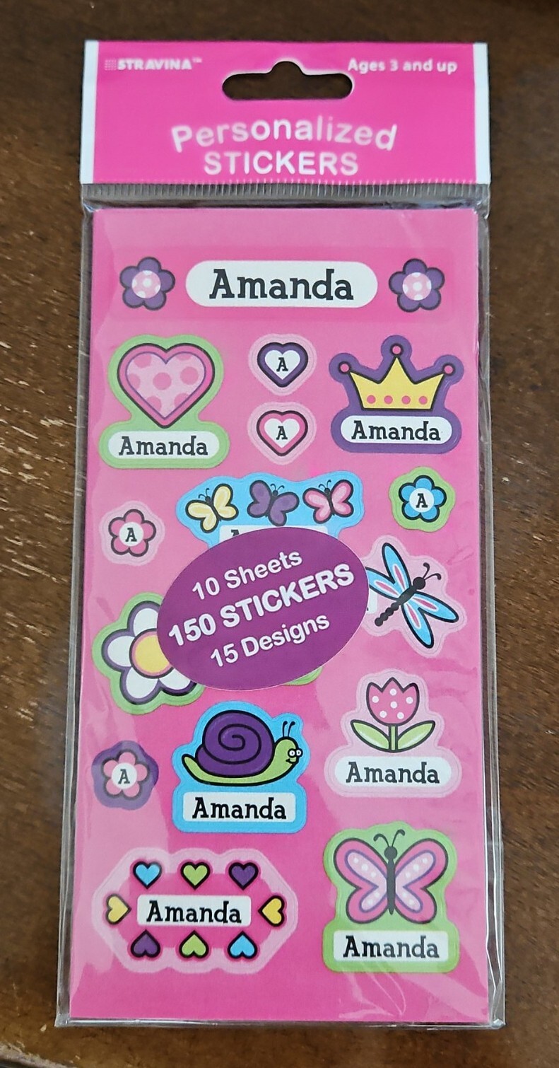 Stravina Personalized Stickers, 10 sheets, 150 stickers, 15 Designs, Amanda