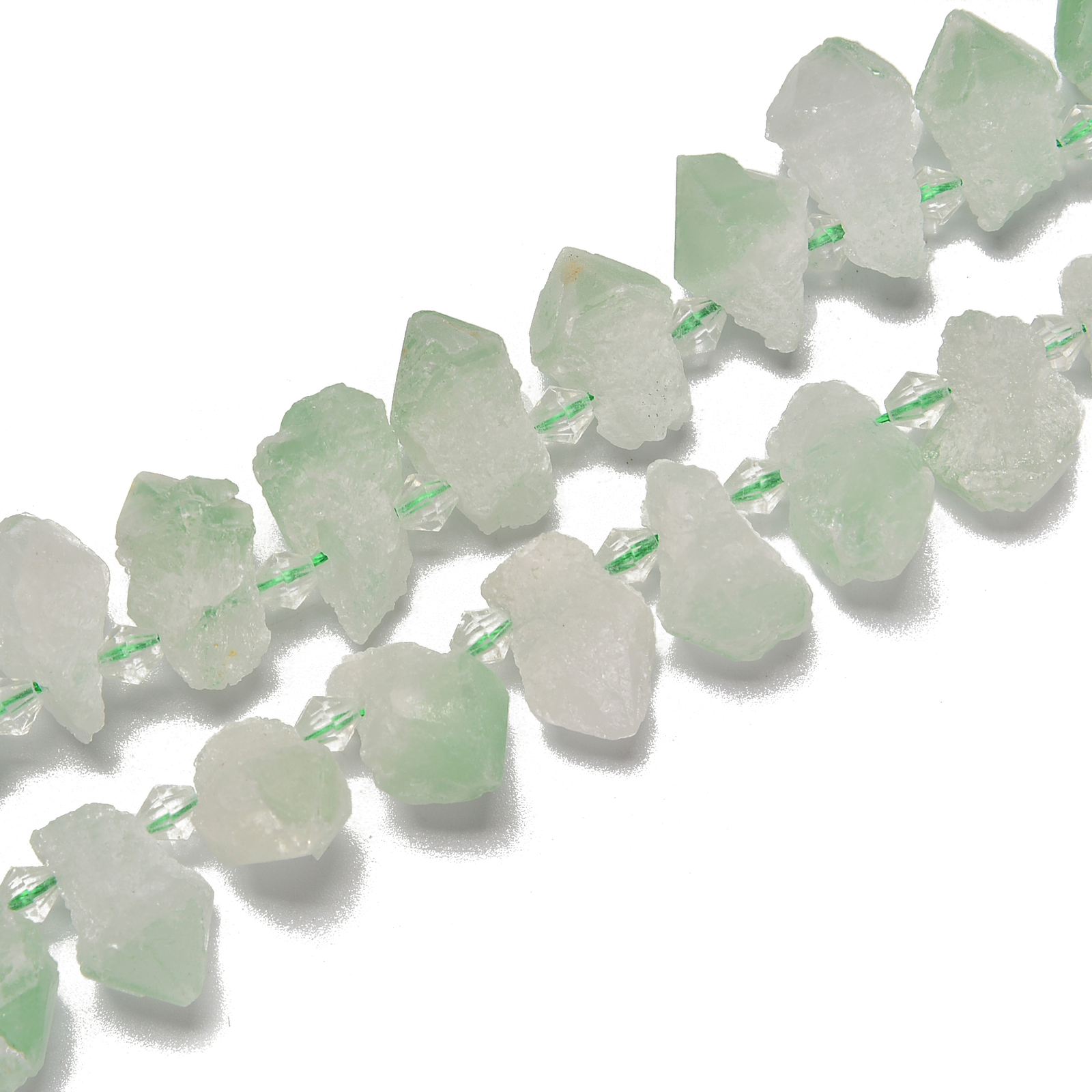 Light Green Quartz Top Drill Rough Points Size 15-18mm 18-25mm 15.5” Strand
